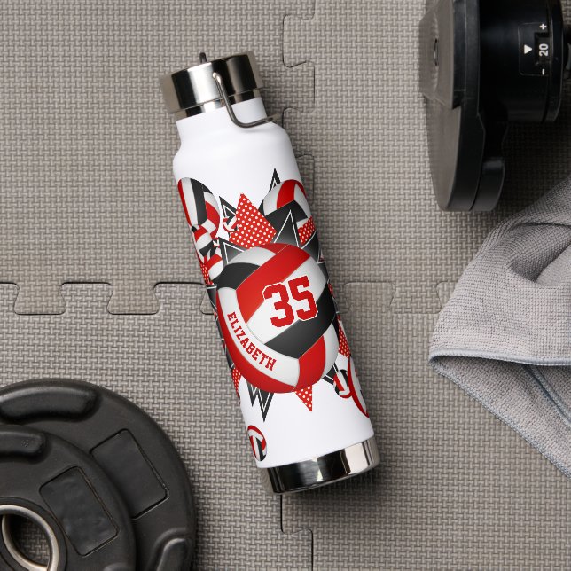 Botella De Agua Estrellas de voleibol negro rojo en equipo de chic (Gimnasio)