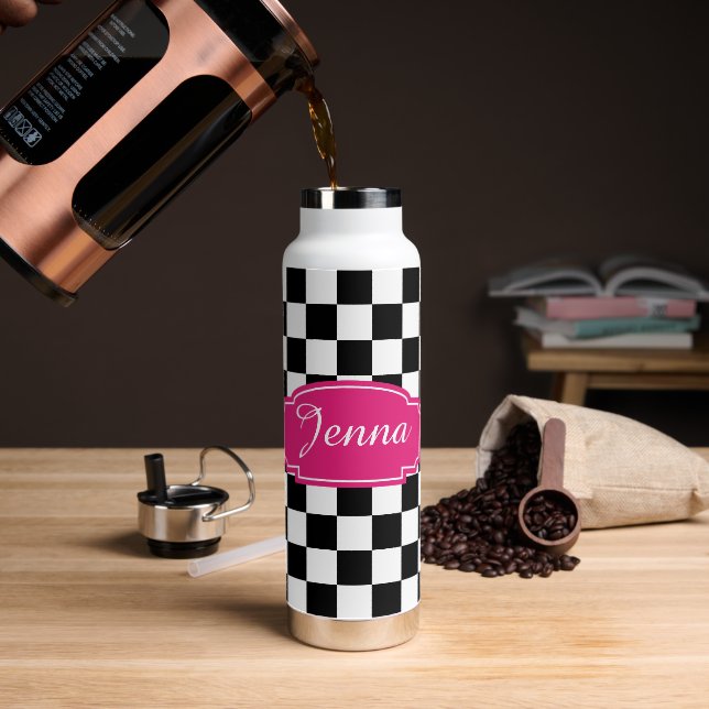 Botella De Agua Etiqueta rosa blanco y negro tachado (Café)