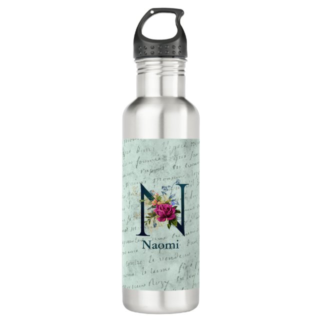Botella De Agua Fancy Floral Monograma inicial N (Anverso)