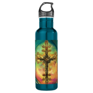 Botella De Agua Fantasía Steampunk Ornate Cross En Aqua