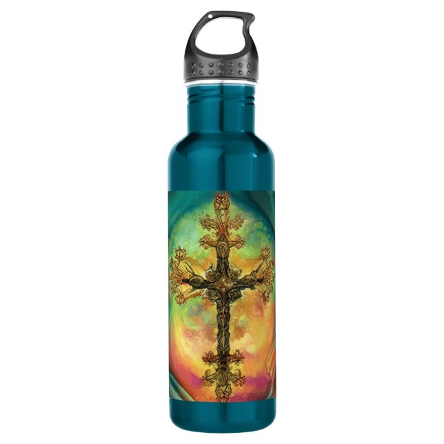 Botella De Agua Fantasía Steampunk Ornate Cross En Aqua (Anverso)