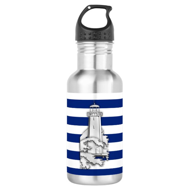 Botella De Agua Faro cromado en franjas náuticas (Anverso)