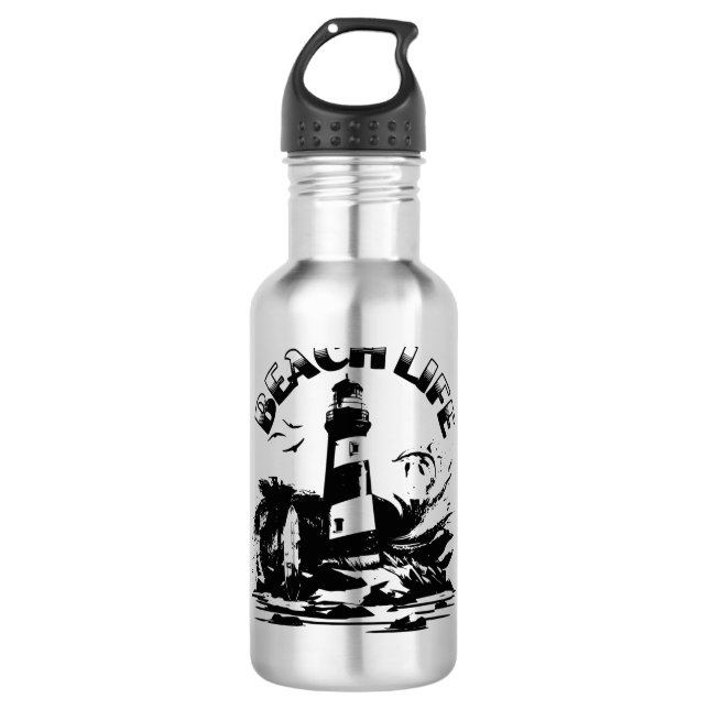 Botella De Agua Faro de playa vida en blanco y negro (Anverso)