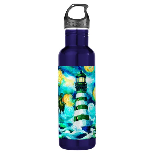 Botella De Agua Faro tropical y palmeras impresionistas (Anverso)