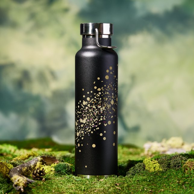 Botella De Agua Faux Gold Confetti en negro (Exterior)
