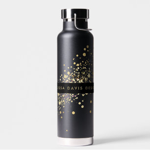 Botella De Agua Faux Gold Confetti sobre negro personalizado