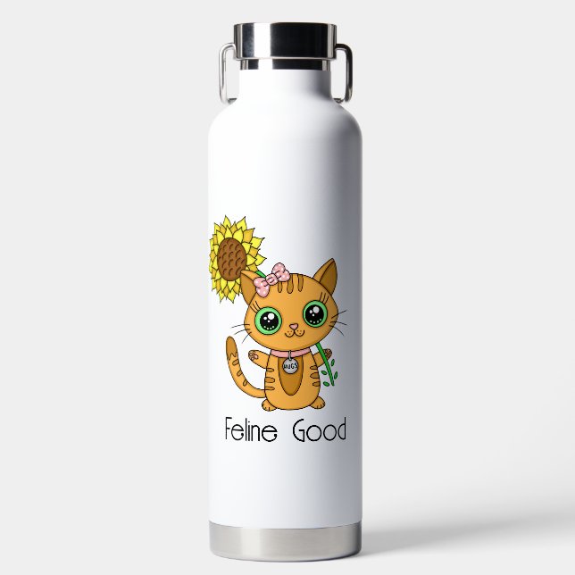 Botella De Agua Feline Good | Pun de gato Personalizado Kitty (Delantero)