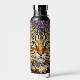 Botella De Agua Felino y floral | Gato artístico lindo 
