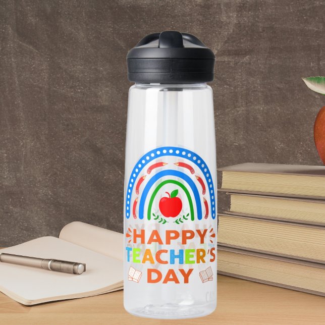 Botella De Agua Feliz Día del Maestro Arcoiris y Apple (Happy Teachers Day Rainbow & Apple Water Bottle)
