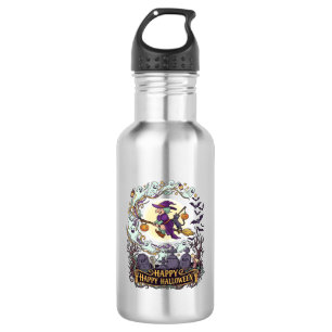 Botella De Agua Feliz Halloween Bruja Escoba Gatos Negros Fantasma
