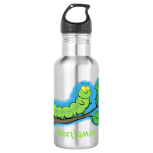 Botella De Agua Feliz ilustracion personalizado de oruga verde