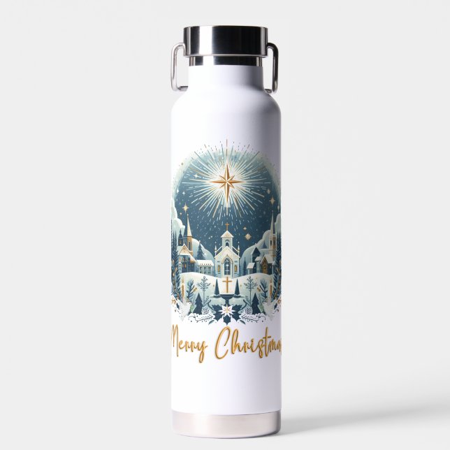 Botella De Agua Feliz Navidad azul y oro (Delantero)