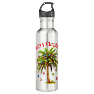 Botella De Agua Feliz Navidad Palm Tree Light Tropical Hawaiano