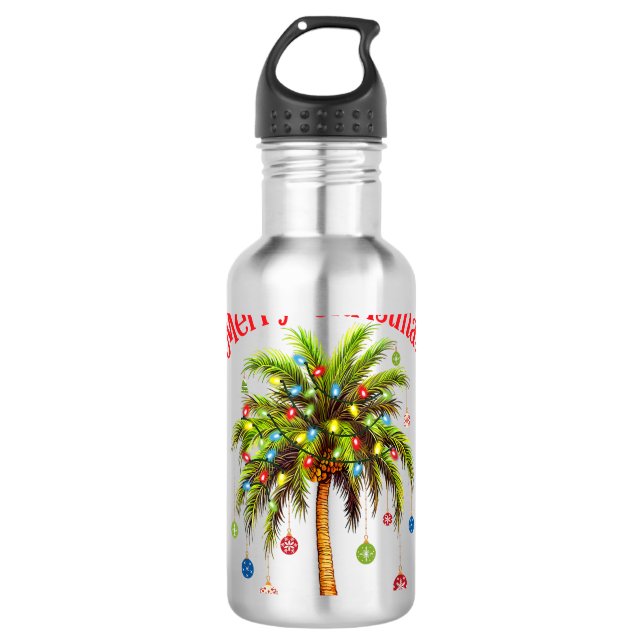 Botella De Agua Feliz Navidad Palm Tree Light Tropical Hawaiano (Anverso)