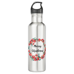 Botella De Agua Feliz Navidad Rojo Floral Agua Wreath