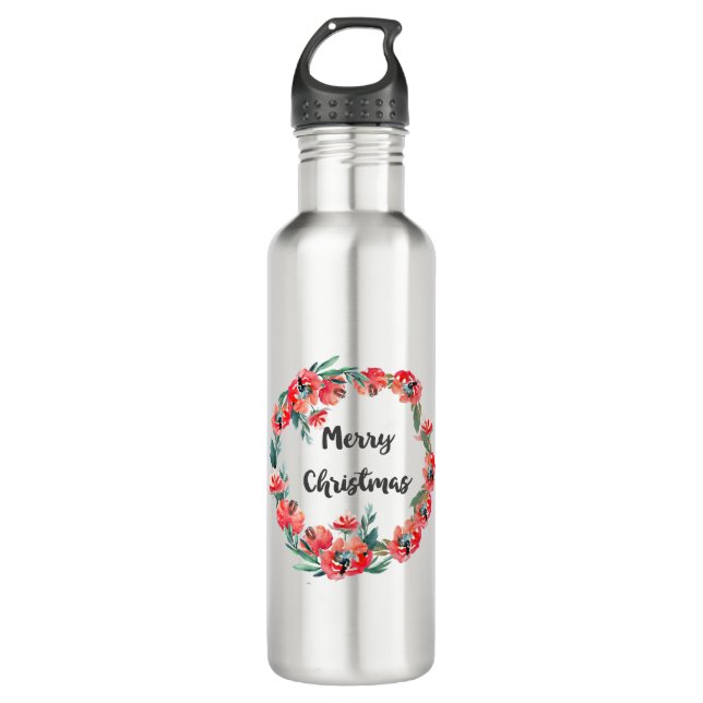 Botella De Agua Feliz Navidad Rojo Floral Agua Wreath (Anverso)