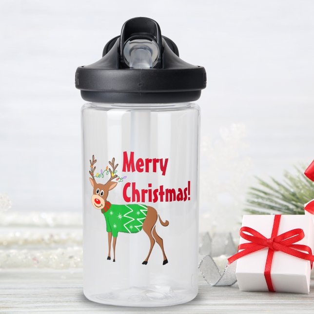 Botella De Agua Feliz Navidad Rudolph En Luces De Suéter Y Navidad (Stay refreshed in festive style with Rudolph's sweater water bottle!)