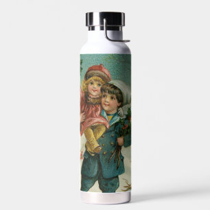 Botella De Agua Feliz Navidad - tarjeta postal retro, niños, acebo