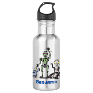 Botella De Agua Feliz personalizado de trío de robots lindos