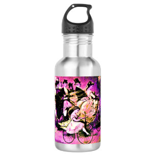 BOTELLA DE AGUA FIESTA DE BODAS EN BICICLETA ROSA NEGRO PURPURA