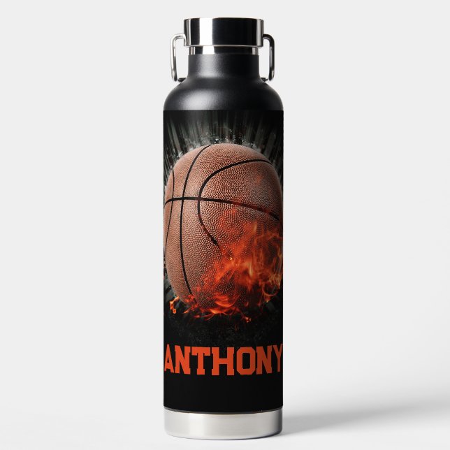 Botella De Agua Flamando el baloncesto con nombre (Delantero)