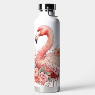 BOTELLA DE AGUA FLAMENCO ROSA PÁJARO Y FLORES ACUARELA