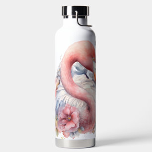 BOTELLA DE AGUA FLAMENCO ROSA PÁJARO Y FLORES ACUARELA