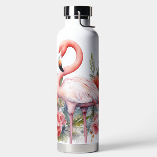 BOTELLA DE AGUA FLAMENCO ROSA PÁJARO Y FLORES AL AGUARELA