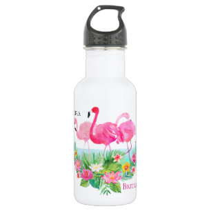 Botella De Agua Flamencos rosados florales tropicales