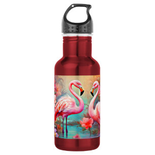 Botella De Agua Flamencos rosas en un lago con flores-20231