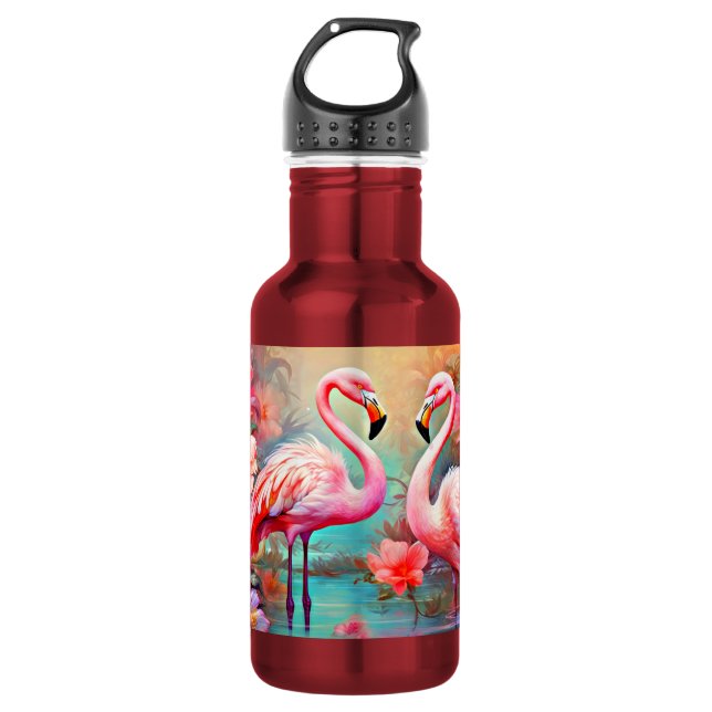 Botella De Agua Flamencos rosas en un lago con flores-20231 (Anverso)