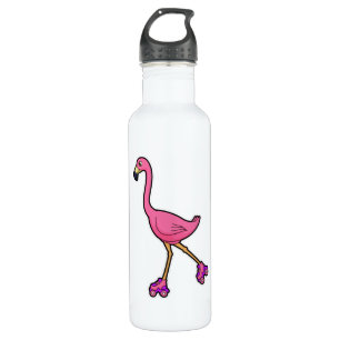 Botella De Agua Flamingo como patinador con patines