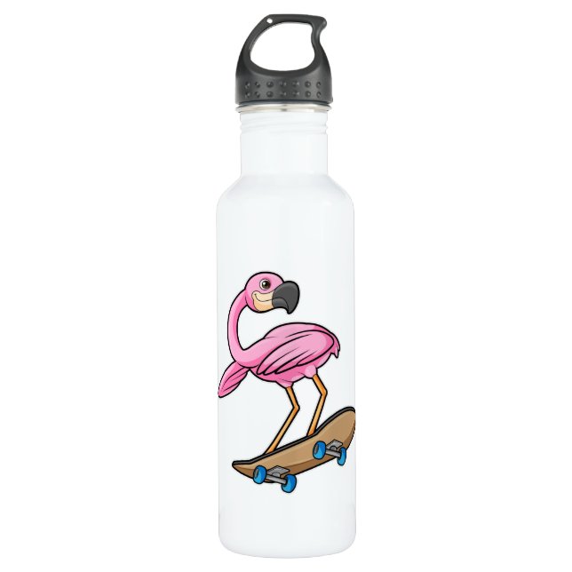 Botella De Agua Flamingo como Skater con Skateboard (Anverso)