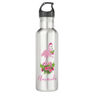 Botella De Agua Flamingo rosa en Santa Hat Navidades caprichosos