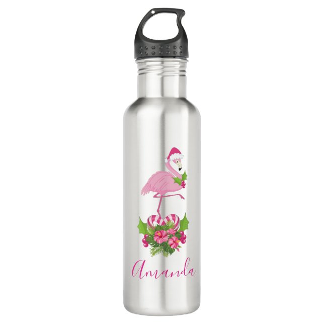 Botella De Agua Flamingo rosa en Santa Hat Navidades caprichosos (Anverso)