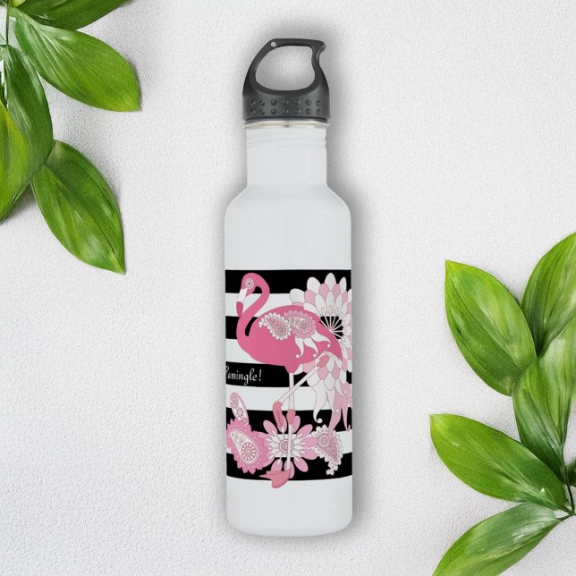 Botella De Agua Flamingo rosa paisley de franja negra moderna (Subido por el creador)