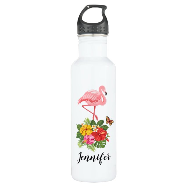 Botella De Agua Flamingo rosado y flamante tropical hibiscus (Anverso)