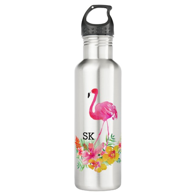 Botella De Agua Flamingo rosado y flores tropicales (Anverso)