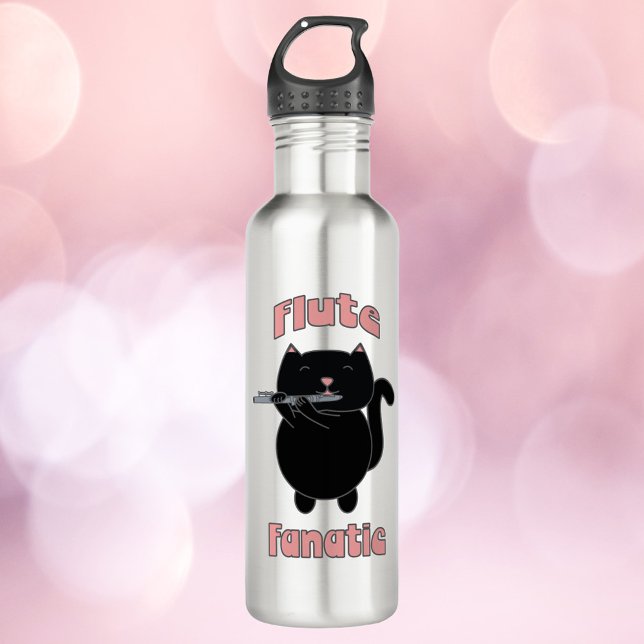 Botella De Agua Flauta Fanatic Black Cat Pink (A water bottle with a cute black cat and the text flute fanatic in pink.)