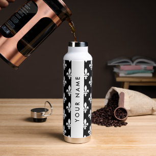 Botella De Agua Fleur de Lis, Blanco sobre Negro, Blanco, Tu Nombr