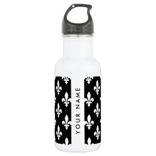 Botella De Agua Fleur de Lis, Blanco sobre Negro, Blanco, Tu Nombr