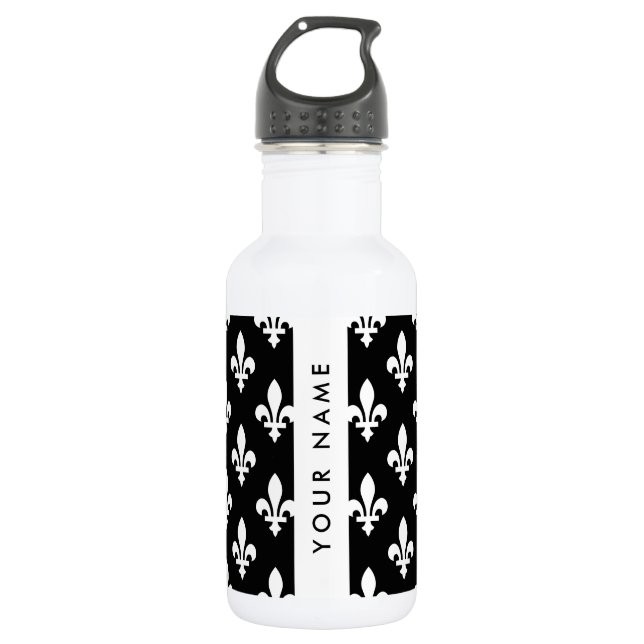 Botella De Agua Fleur de Lis, Blanco sobre Negro, Blanco, Tu Nombr (Anverso)