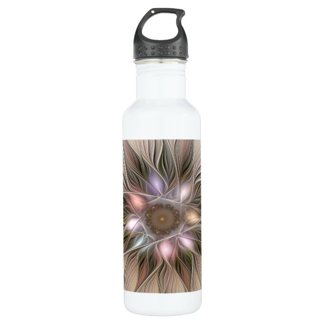 Botella De Agua Flor alegre Abstracto Fractal floral Beige Brown (Anverso)