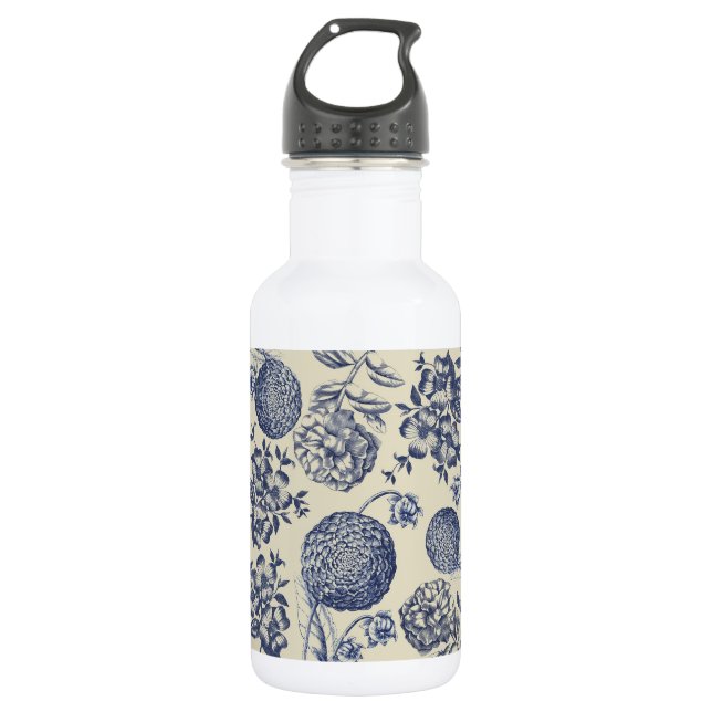 Botella De Agua Flor azul anticuada impresa floral (Anverso)