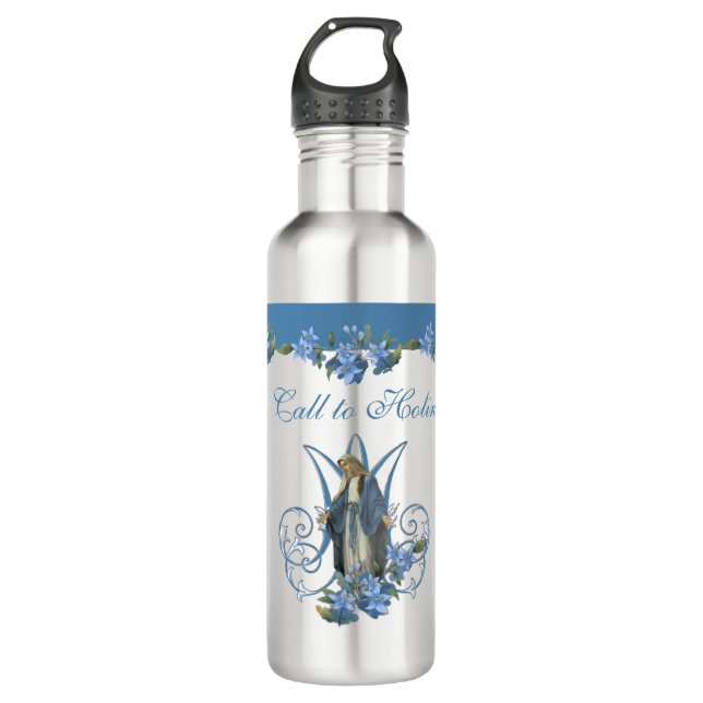 Botella De Agua Flor azul de la Virgen Religiosa María 24 oz. (Anverso)