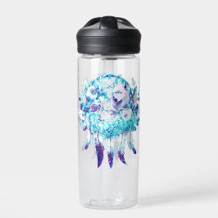 Botella De Agua Flor azul púrpura Lobo blanco Dreamcatcher