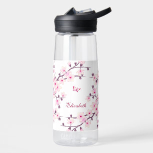 Botella De Agua Flor de Cerezo Floral Monograma Blanco Rosa
