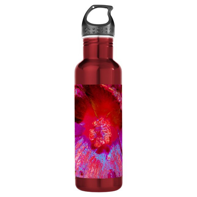 Botella De Agua Flor de Hibiscus Rojo Retro Trippy Psicodélico (Anverso)