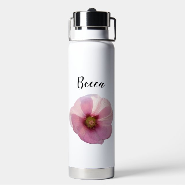 Botella De Agua Flor de hollyhock rosa brillante personalizada (Reverso)