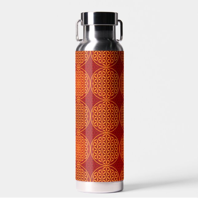 Botella De Agua FLOR DE LA VIDA - patrón rojo naranja (Delantero)